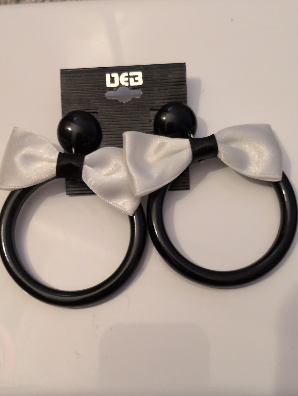 Vintage 1980's Black Hoop Earrings with White Satin Bows